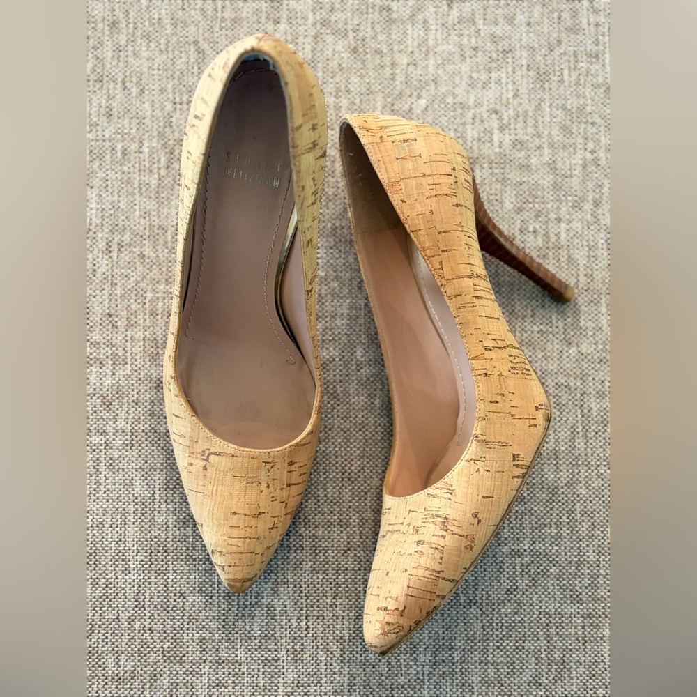 Stuart Weitzman‎ Cork Pointed Toe Stiletto Pumps - Size 7.5M Natural Tan